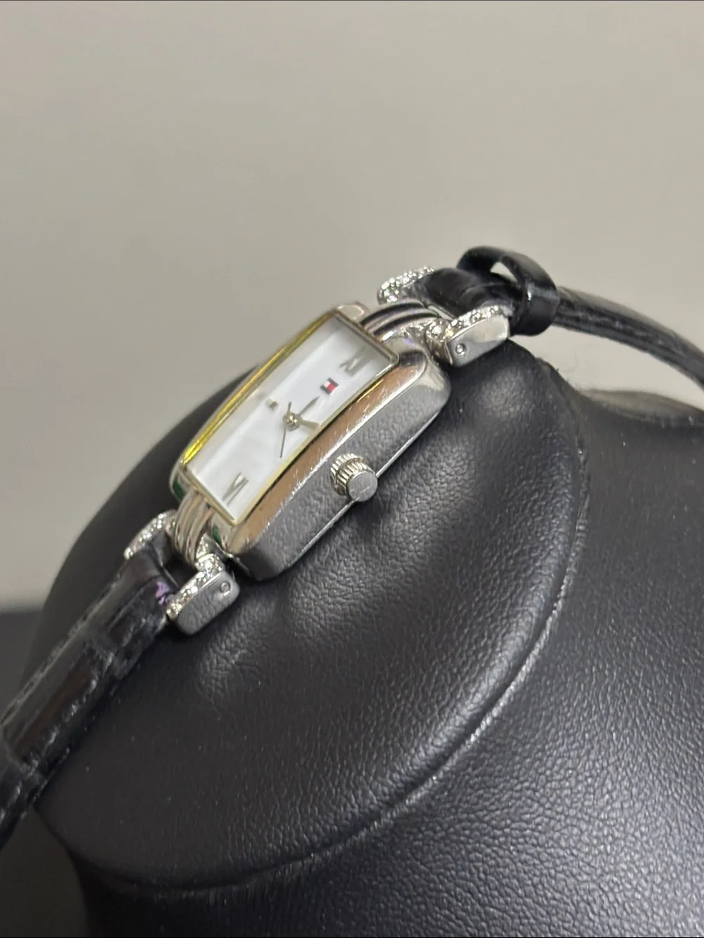 Vintage Tommy Hilfiger Croc Leather Working Black Silver Y2k Retro Watch